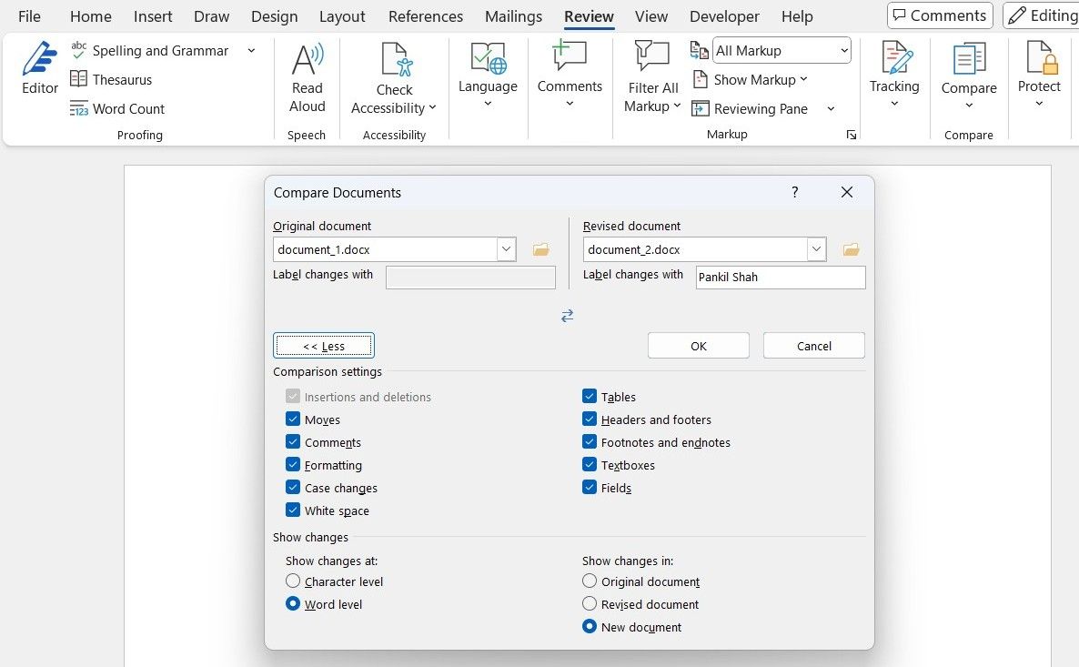Microsoft MS Word 文件中的「比較文件」對話框