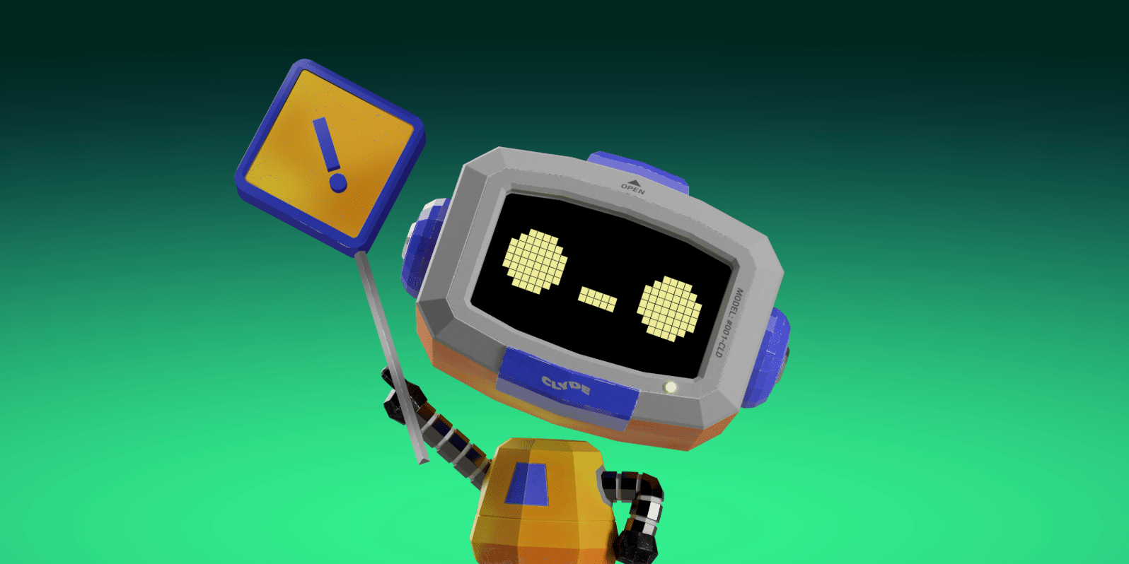 Mascotte del bot Discord che tiene in mano un cartello di sicurezza
