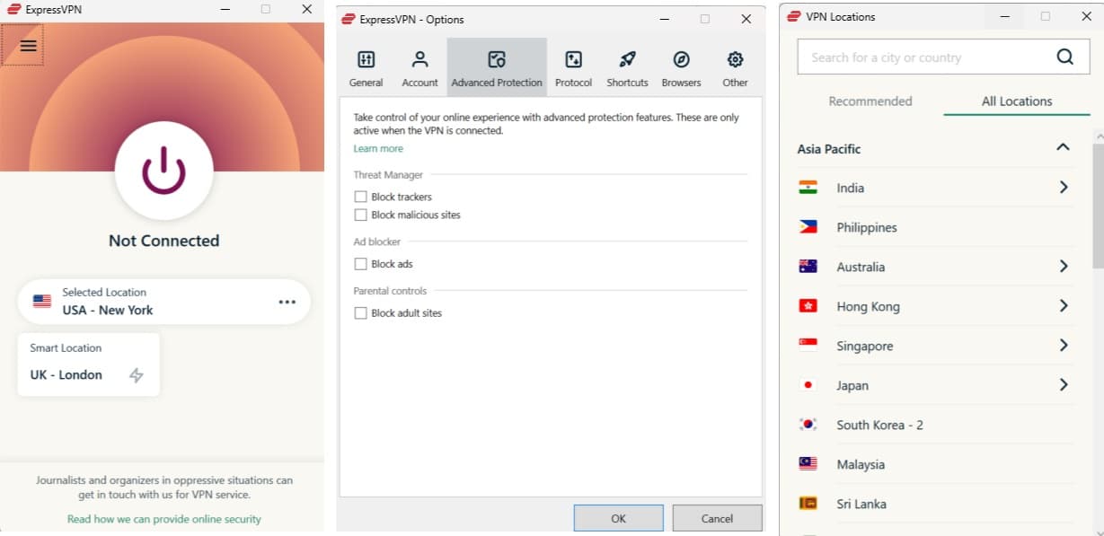 Screenshot dell'app ExpressVPN su Windows