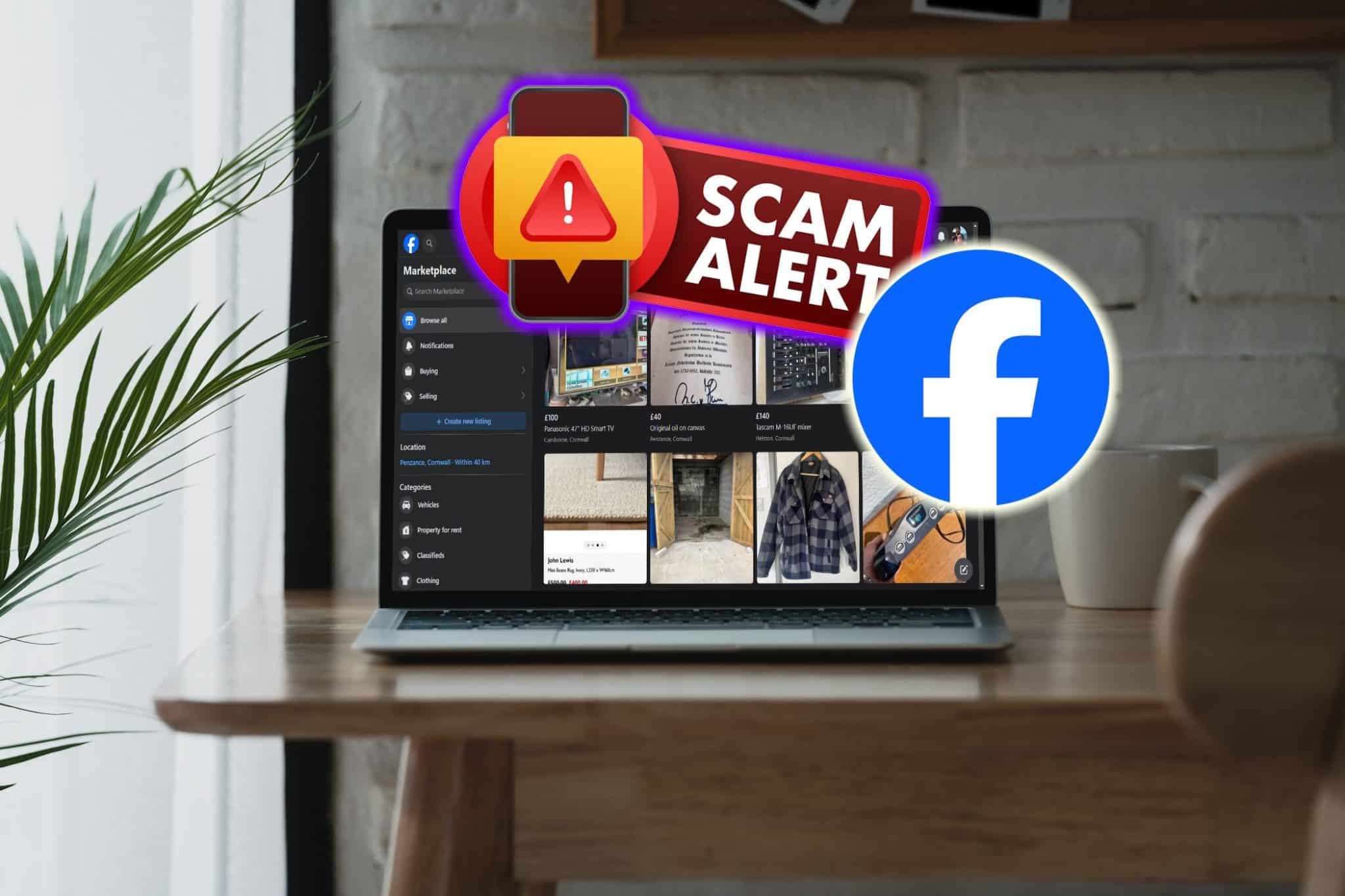 cartello di avviso truffa marketplace facebook con logo