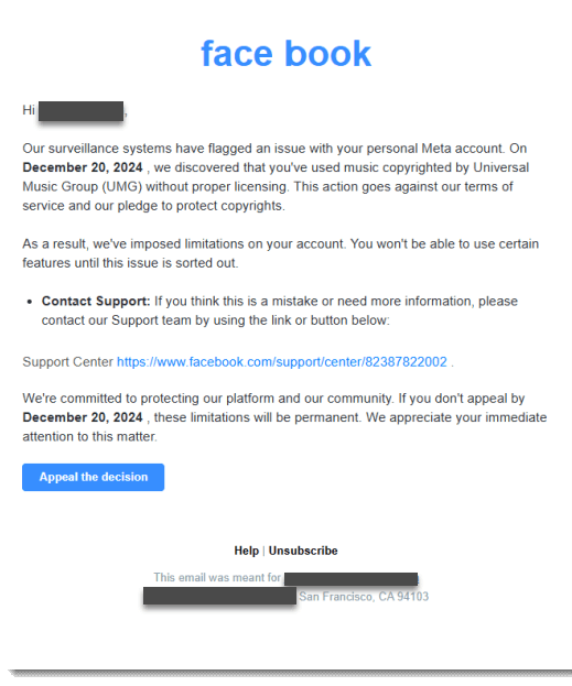 Un esempio di una falsa email di Facebook con una rivendicazione di copyright.