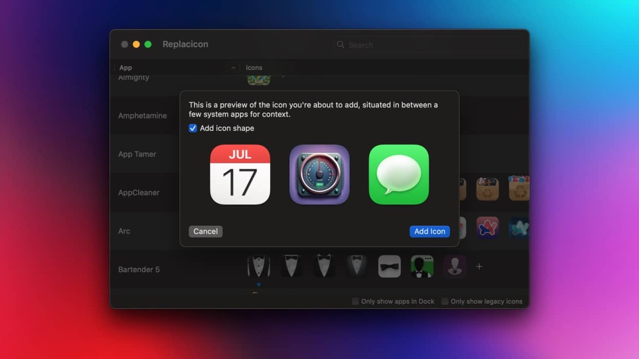 Un'icona di app generata da Apple Intelligence tra Calendario e Messaggi, visualizzata in una finestra pop-up nell'app Replacicon.