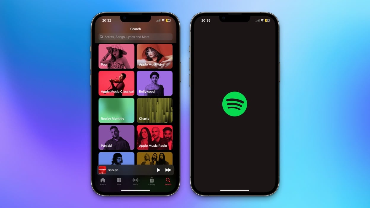 在藍色漸層背景下,兩部 iPhone 上都運行著 Apple Music 和 Spotify。
