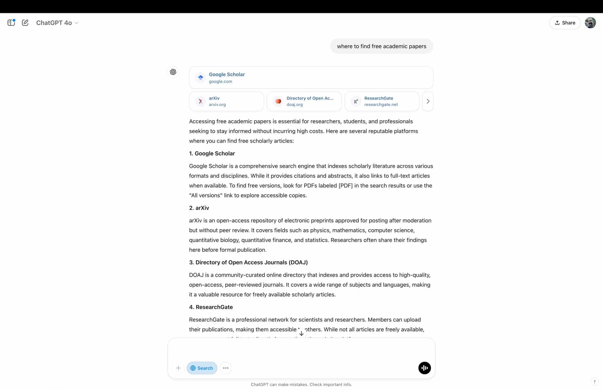 Скриншот результатов поиска ChatGPT для бесплатных научных статей.