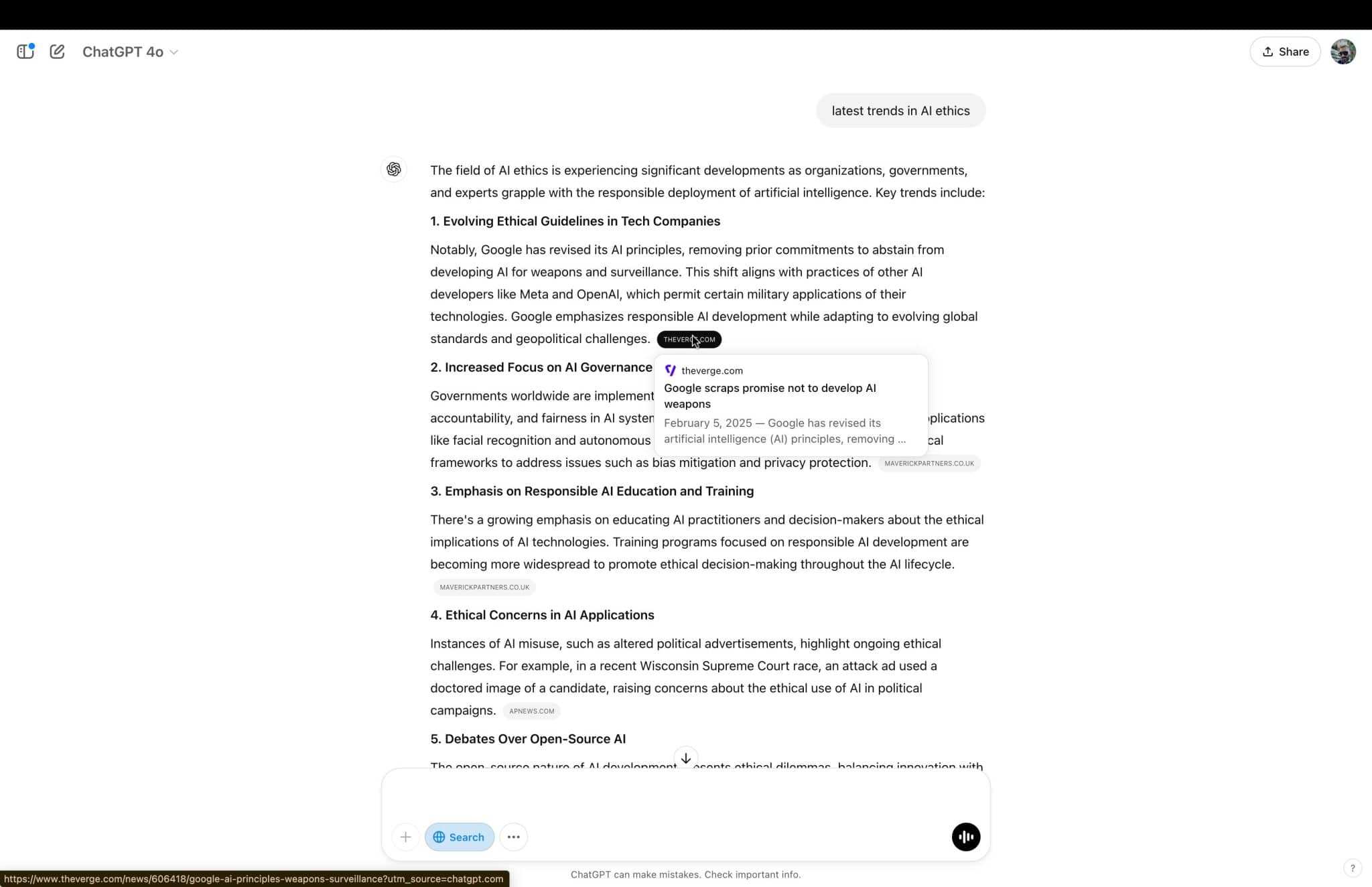Скриншот результатов веб-поиска ChatGPT, показывающий, как платформа предоставляет цитаты. В данном случае курсор наводится на ссылку на цитату из The Verge, касающуюся последних новостей в области этики ИИ.