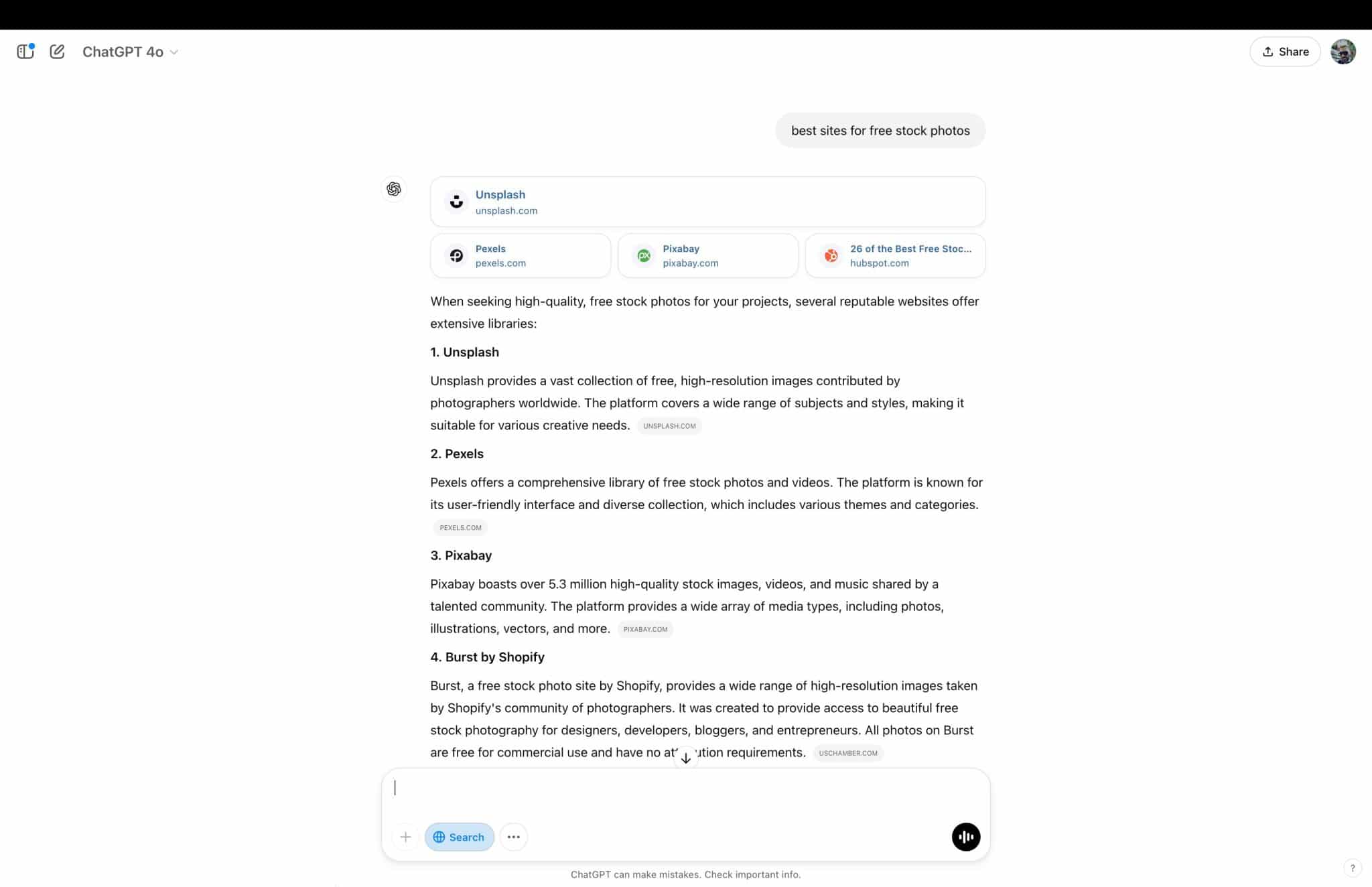 Скриншот результатов веб-поиска, предоставленных ChatGPT после запроса «лучший сайт для бесплатных изображений».