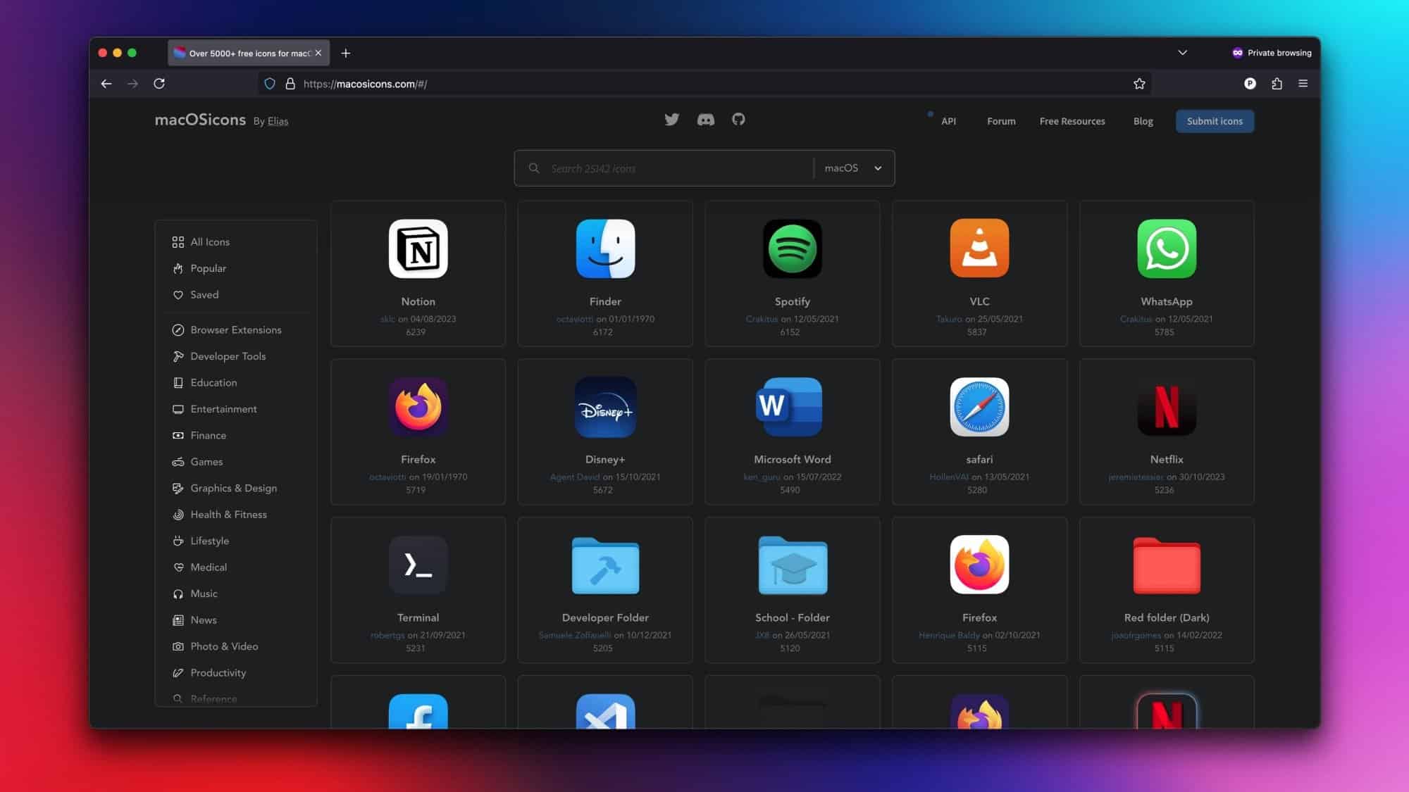 Una finestra di Firefox con il sito web macOS Icons aperto. La pagina mostra 20 icone di app popolari, tra cui Finder, Netflix e Firefox.