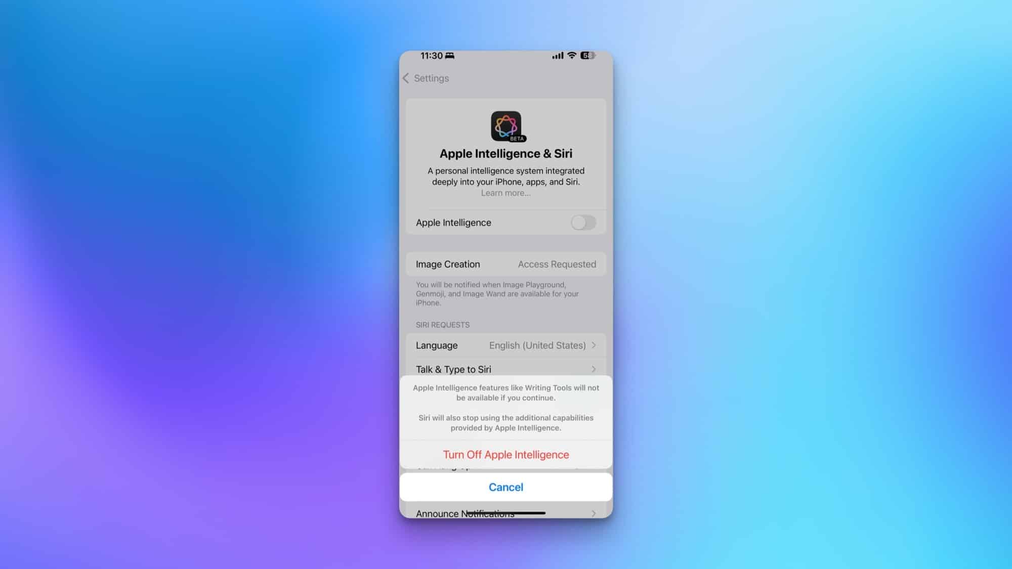 Disattivare Apple Intelligence su un iPhone.