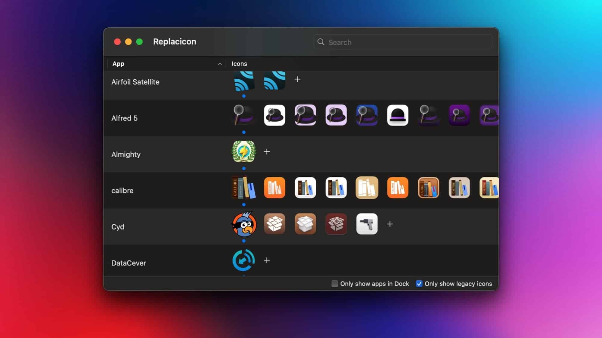 L'app Replacicon mostra le icone delle app legacy su un Mac.
