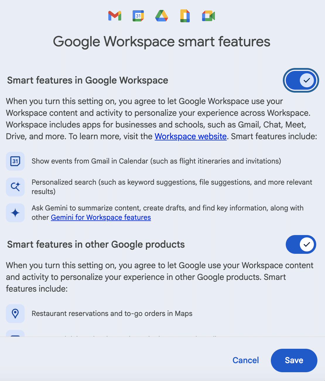 Google Workspace 智慧功能設定的螢幕截圖