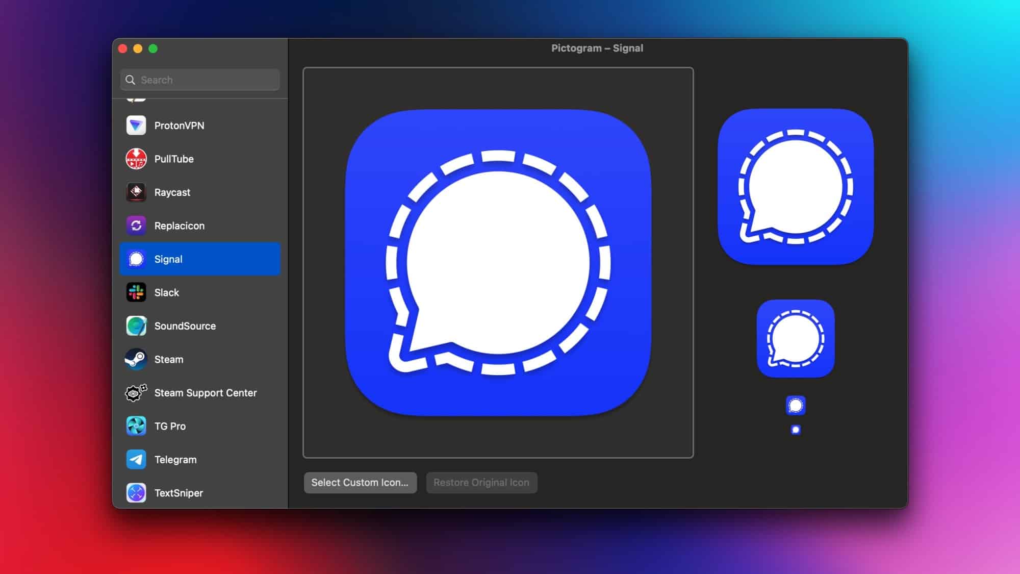 Pittogramma in esecuzione su un Mac, che mostra un elenco di icone nel riquadro di sinistra e varianti delle icone dell'app Signal.