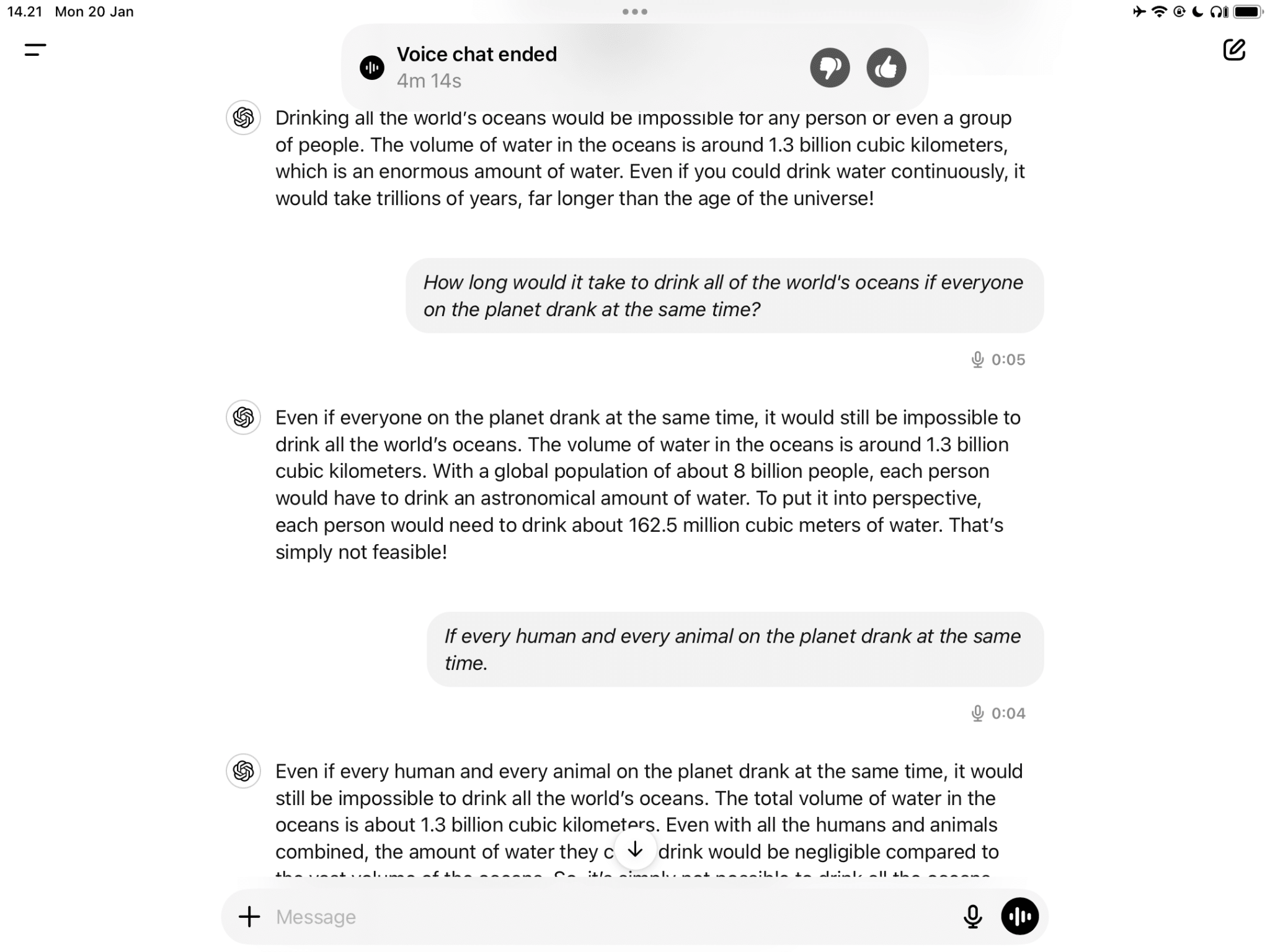 詢問 ChatGPT 喝完全世界的海洋需要多長時間。
