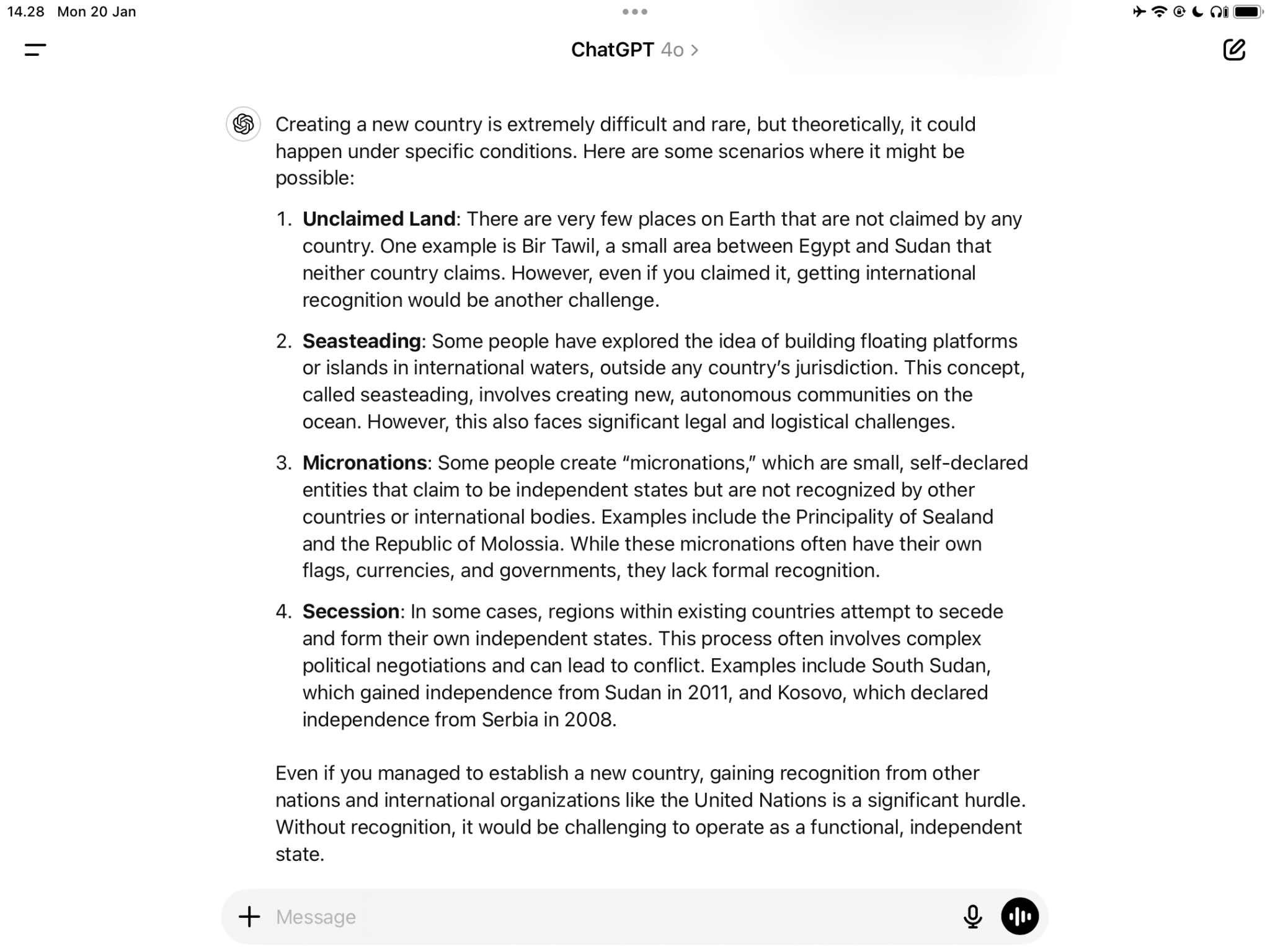 ChatGPT 詢問如何建立國家