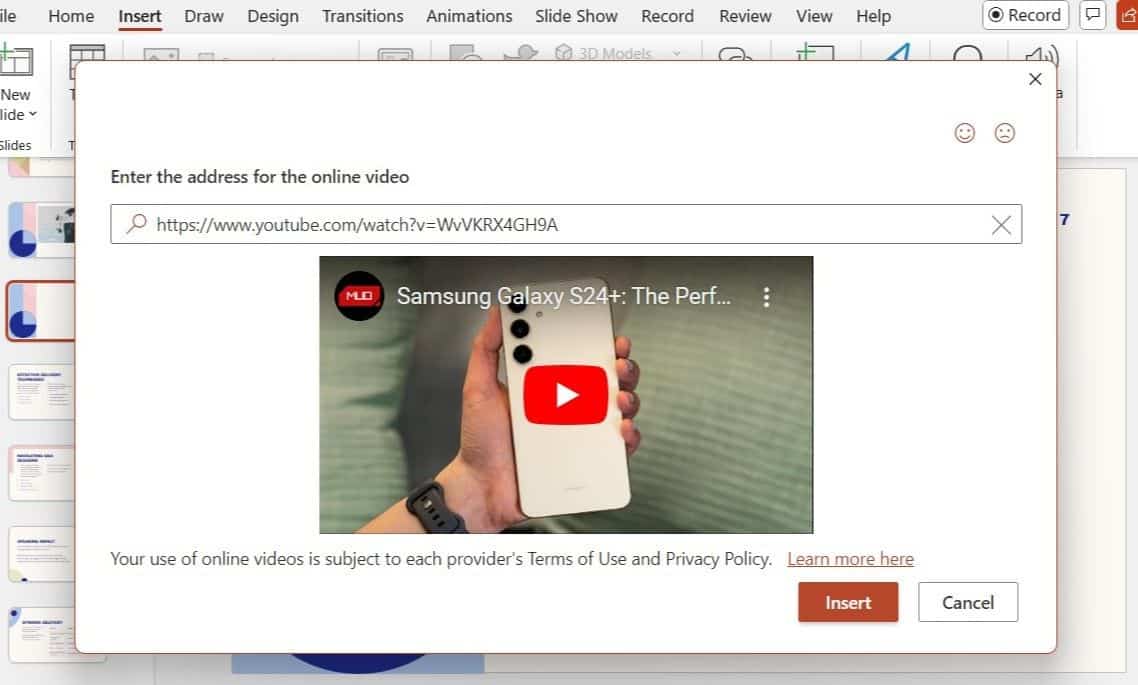 PowerPoint 插入對話框顯示帶有 URL 的 YouTube 視頻