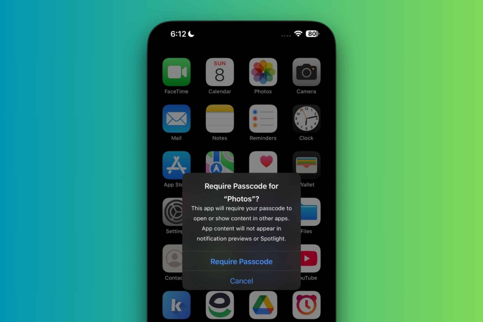 iPhone exibindo um prompt para ocultar o aplicativo Fotos