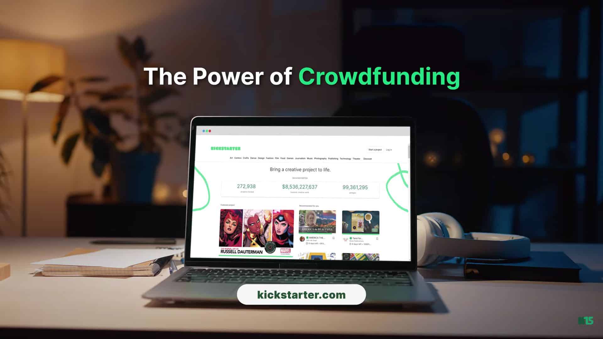 웹사이트에 노트북이 열려 있는 Kickstarter 광고