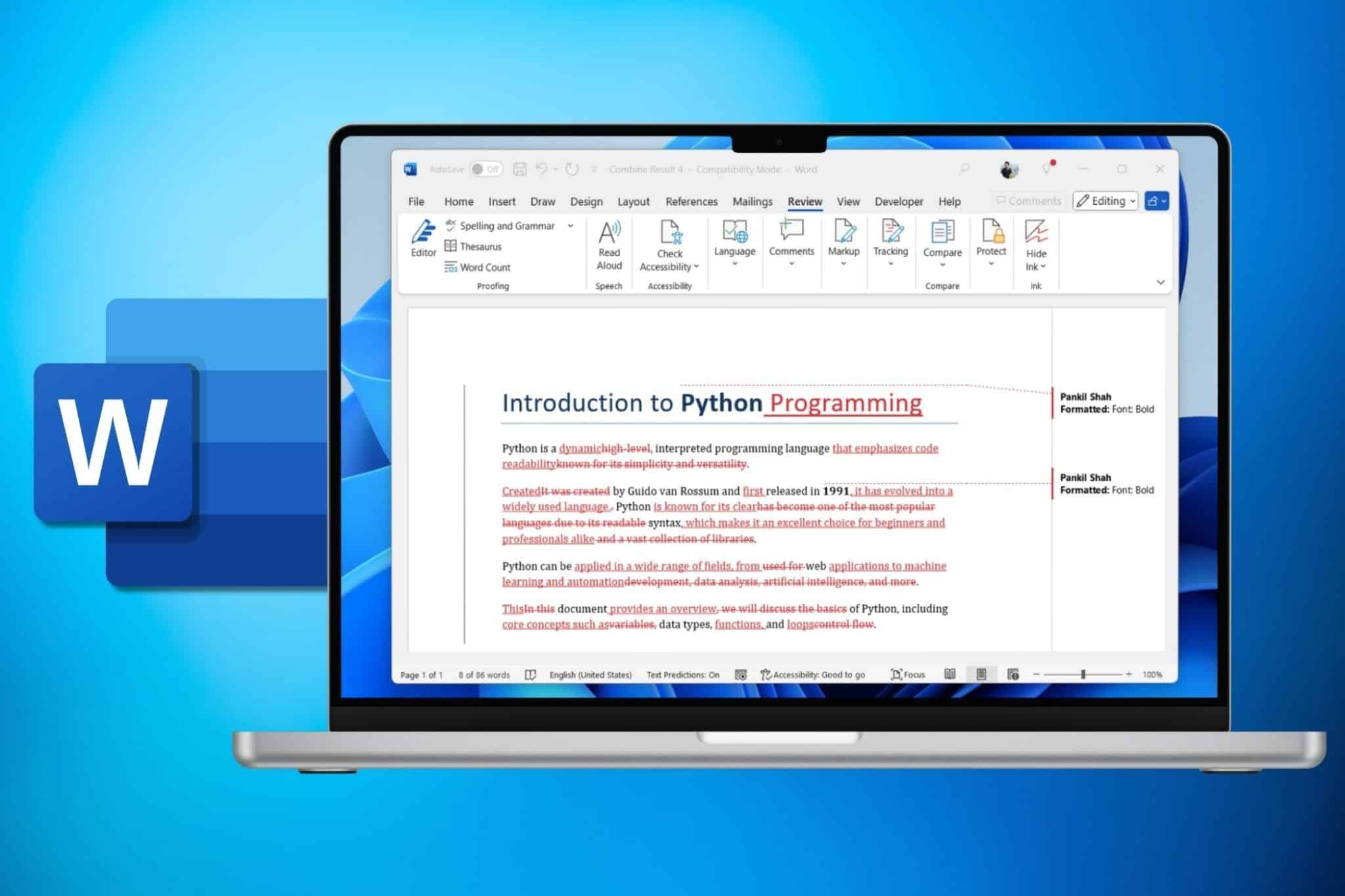 筆記型電腦模型顯示 Microsoft Word 標誌和藍色漸變背景的文檔