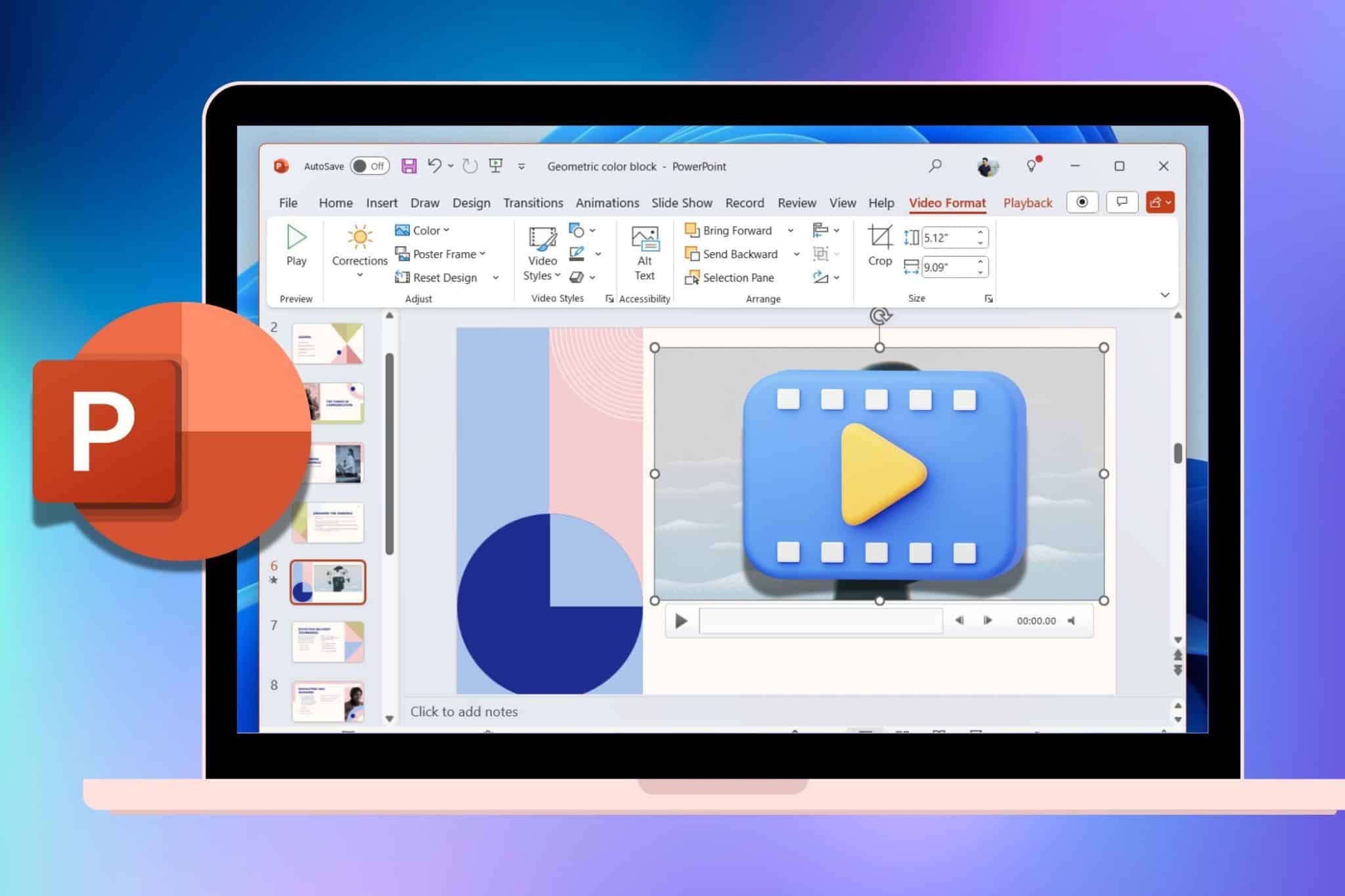 筆記型電腦側面顯示帶有視訊和 PowerPoint 徽標的簡報