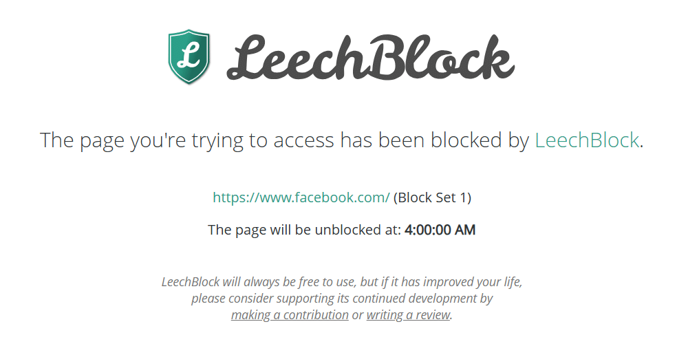 Schermata di blocco LeechBlock in Google Chrome.