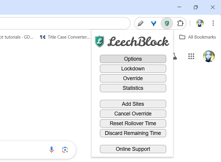 Opzioni LeechBlock in Google Chrome.