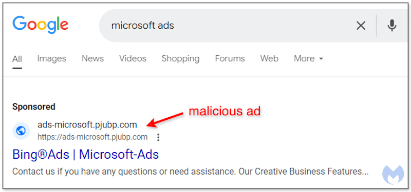 Esempio di una falsa pagina web pubblicitaria di Microsoft presentata come link sponsorizzato.