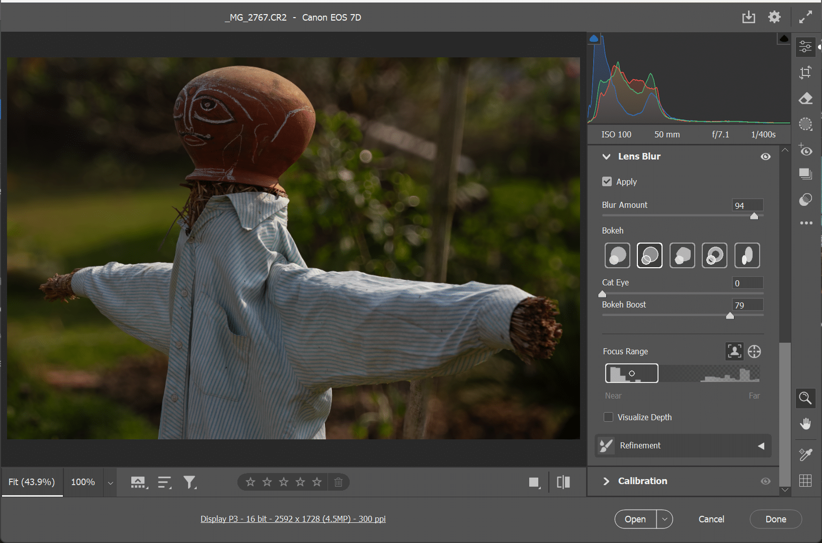 Impostazioni di sfocatura dell'obiettivo in Photoshop in Camera Raw
