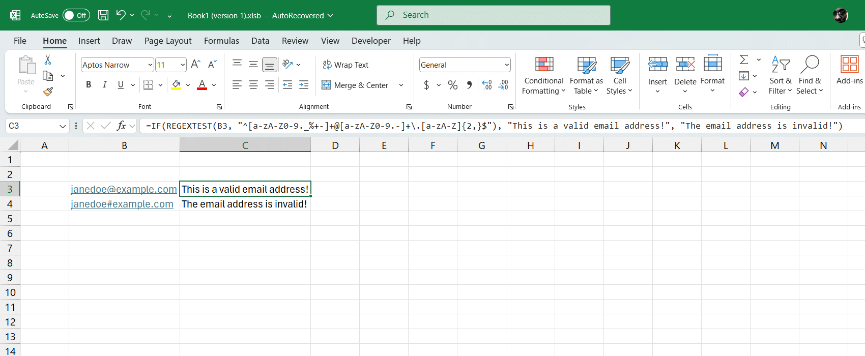 在 Excel 中結合 REGEXTEST 和 IF 函數。