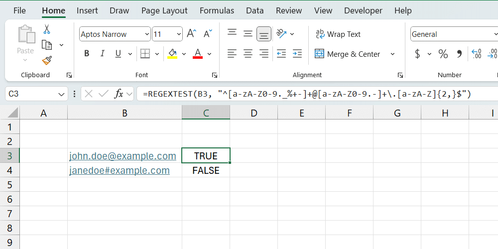 Excel 中的 REGEXTEST 函數。