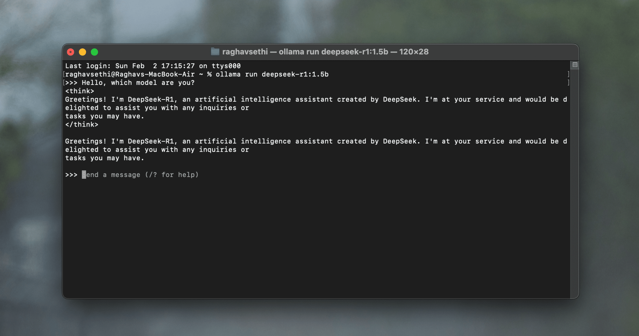 DeepSeek-R1 uruchomiony w oknie terminala