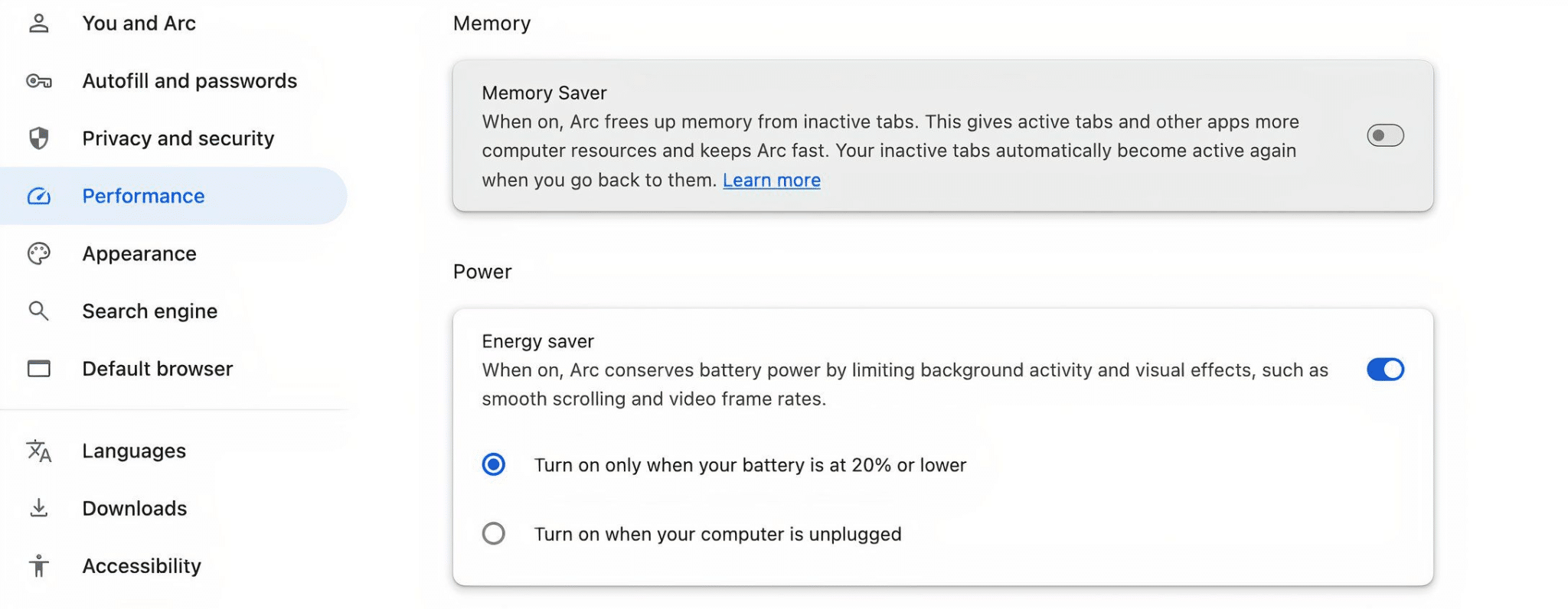 Impostazioni di risparmio energetico del browser Arc