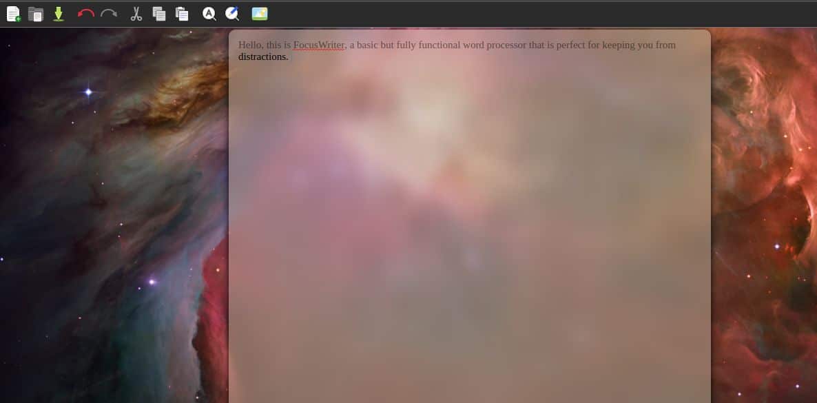 Screenshot van FocusWriter met ruimteachtergrond