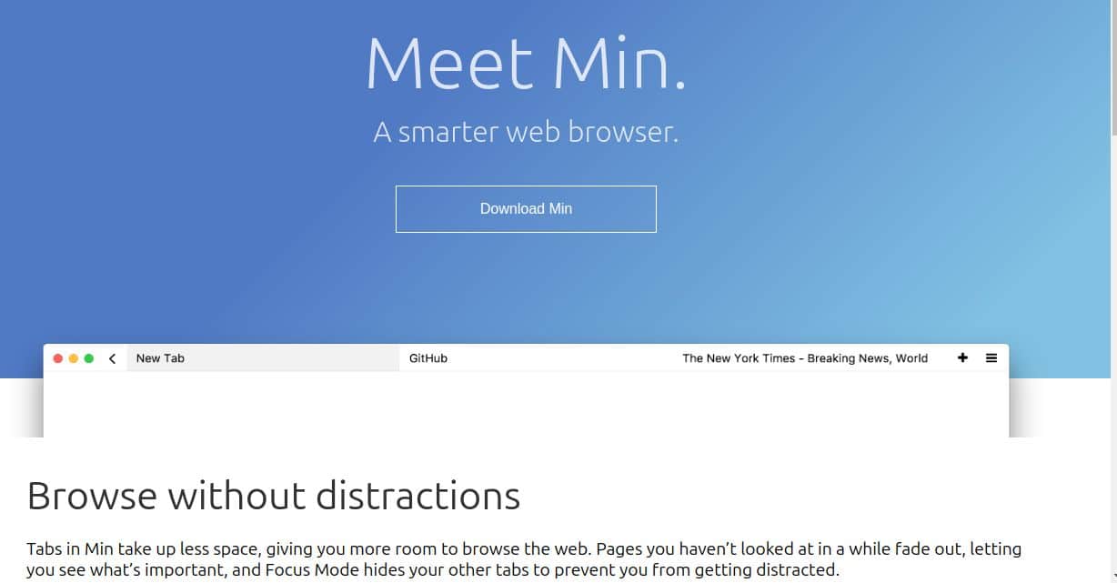 Schermafbeelding van de startpagina van Min Browser