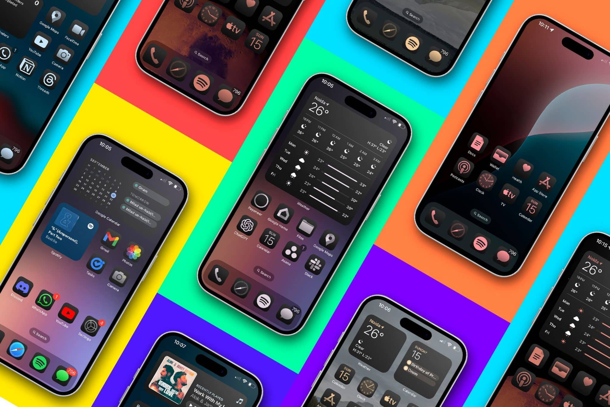 Mehrere iPhones auf dem Startbildschirm mit verschiedenfarbigen Symbolen und buntem Hintergrund.