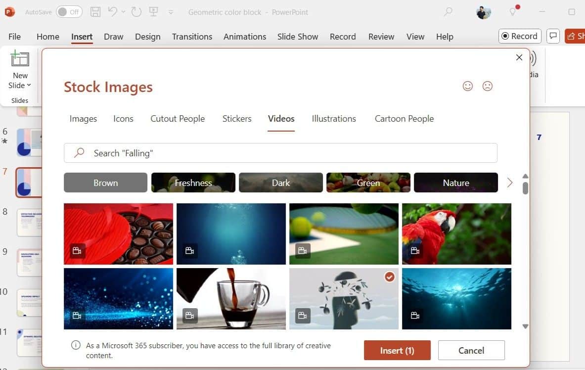PowerPoint 中帶有插入按鈕的庫存圖像對話框顯示視頻