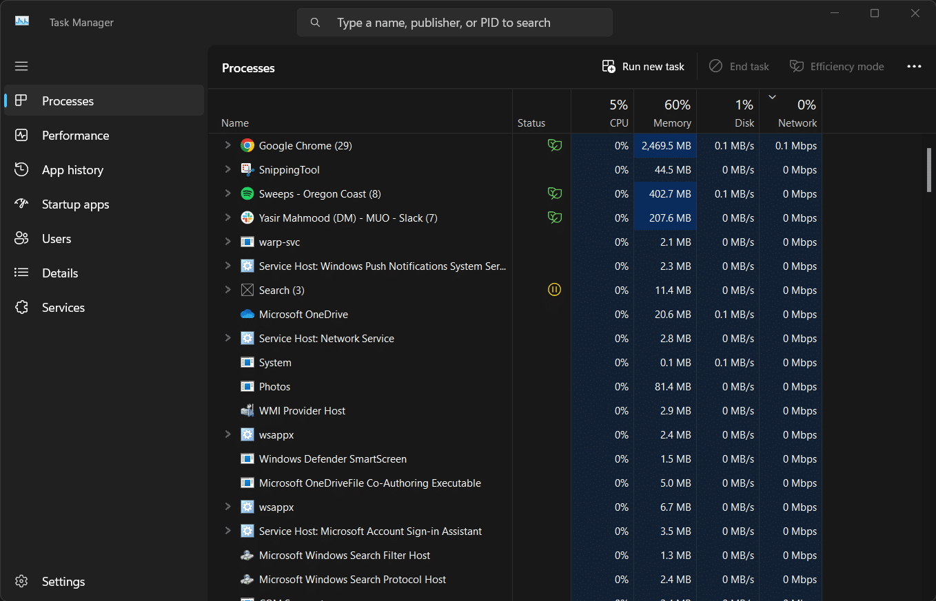 Anteprima dei processi in Task Manager