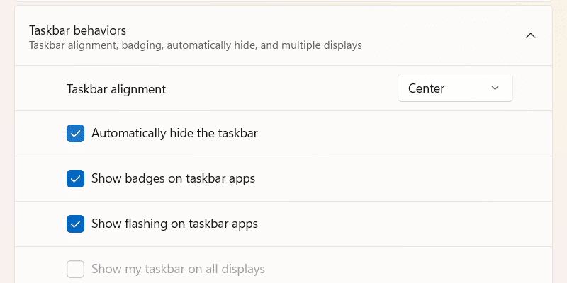 Sezione Comportamenti della barra delle applicazioni di Windows.