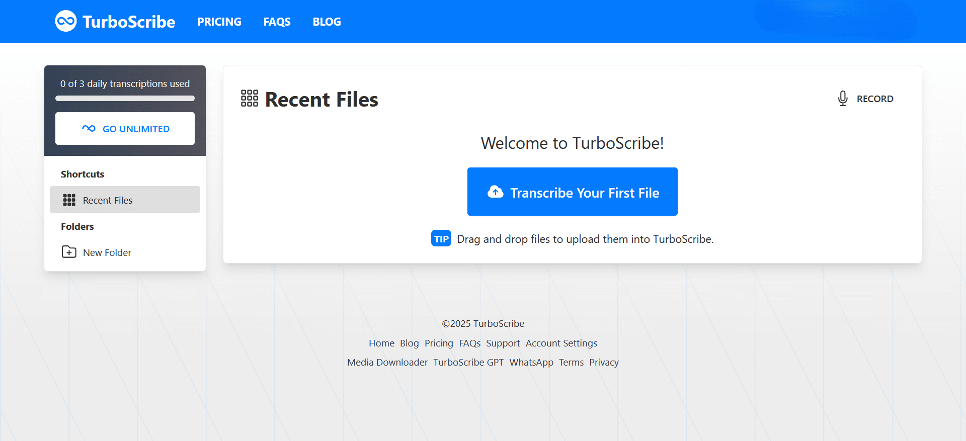 Pagina iniziale di TurboScribe