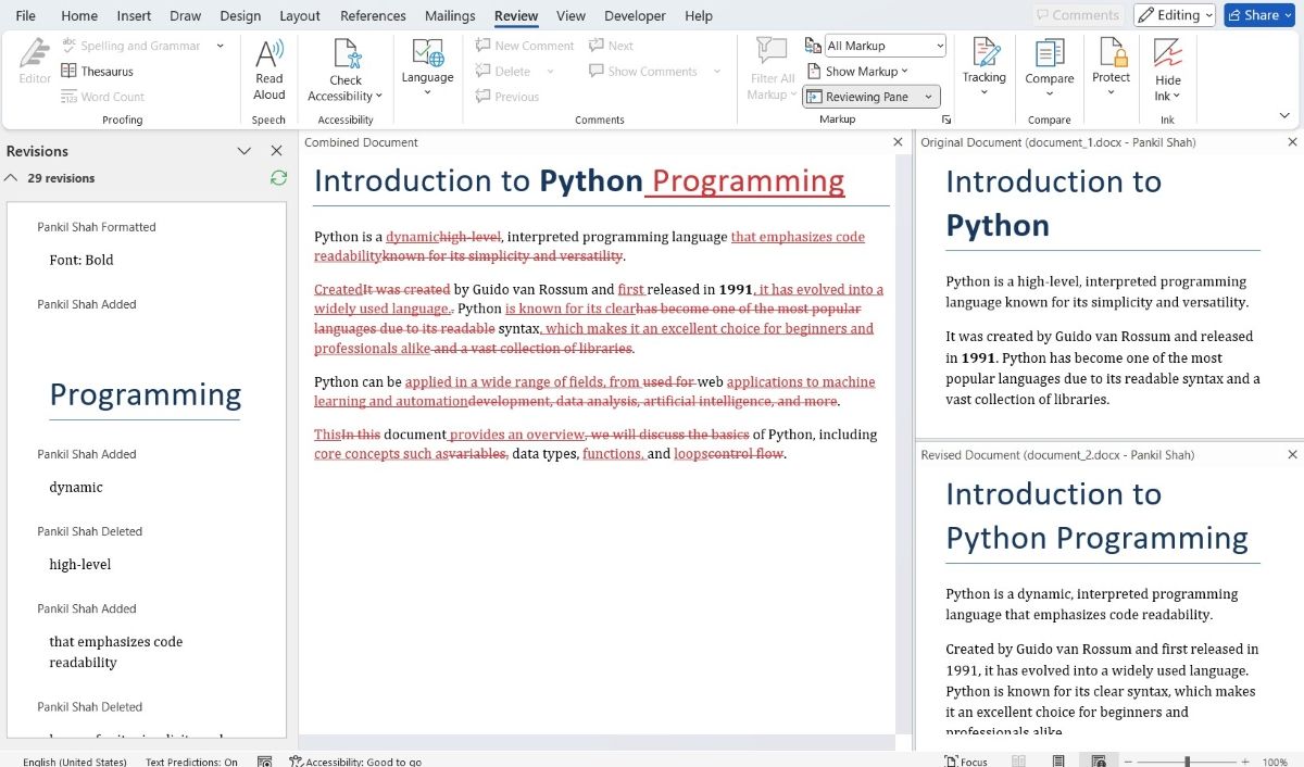 在 Microsoft Word 中比較兩篇有關 Python 的文檔