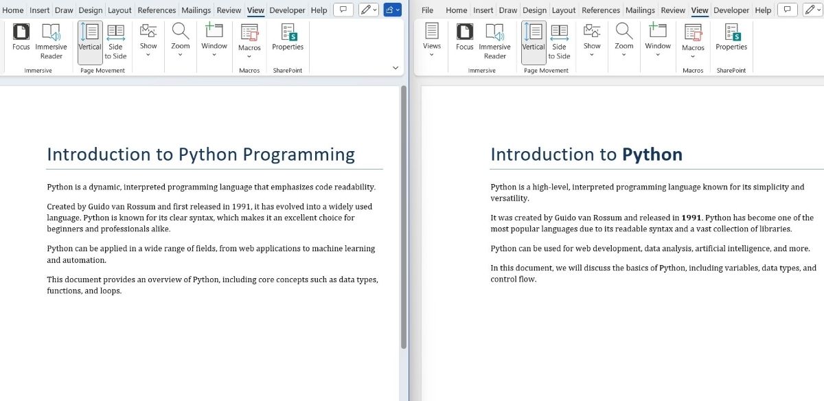 並排顯示兩個使用 Python 的 MS Word 文檔