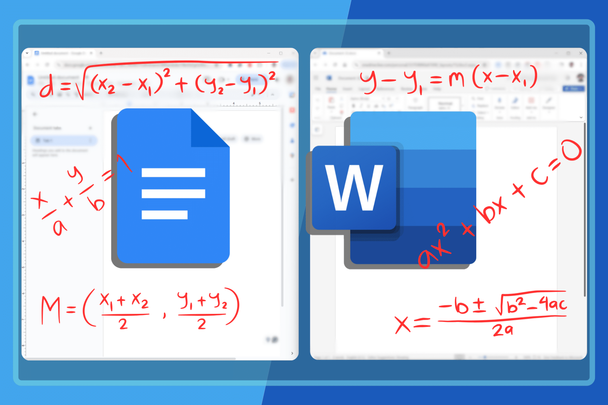 Google Docs 窗口旁邊是 Word 窗口,其中包含其徽標和方程式。