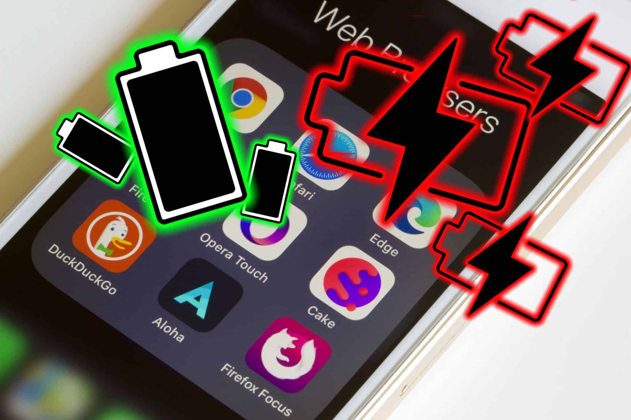 Loghi del browser Web su uno smartphone con icone di ricarica della batteria