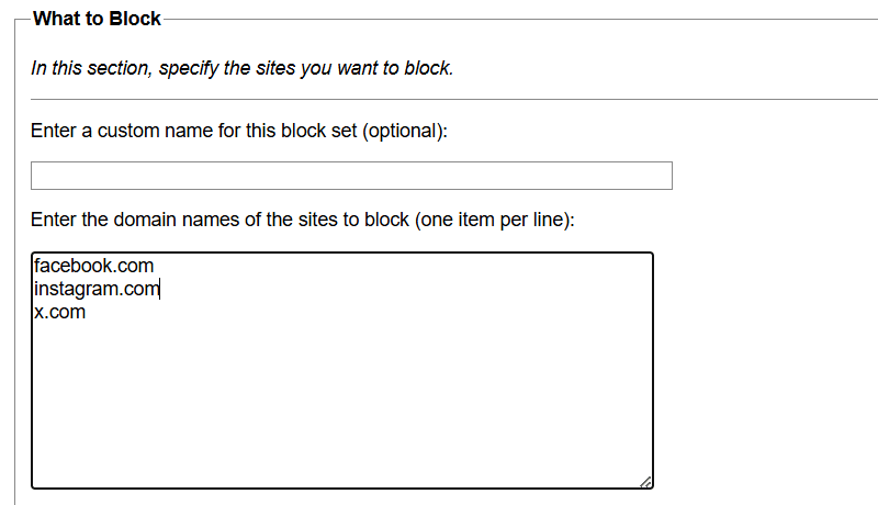 La sezione "Cosa bloccare" dell'estensione LeechBlock per Chrome.