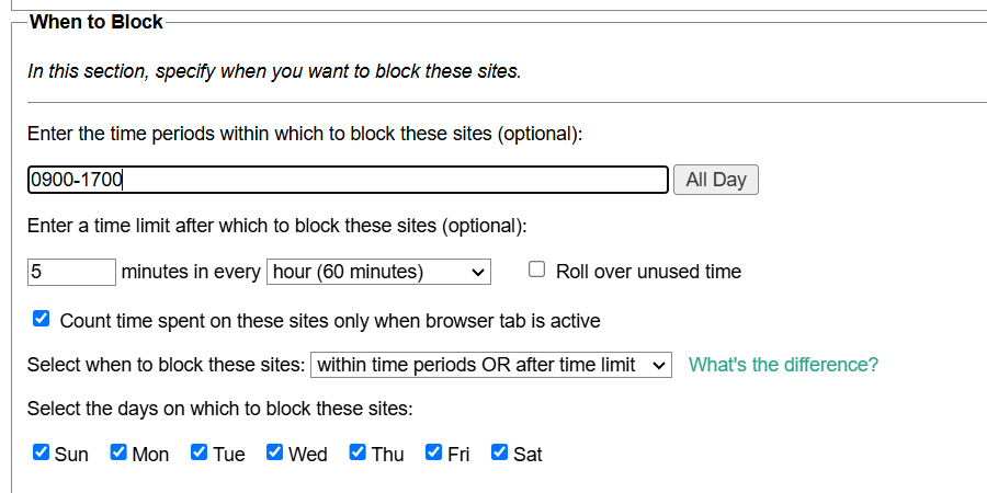 La sezione "Quando bloccare" dell'estensione LeechBlock per Chrome.