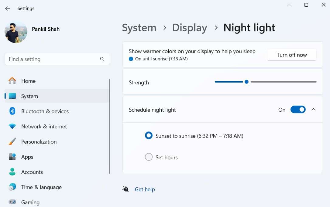 Gece Modu ayarını gösteren Windows ayarları