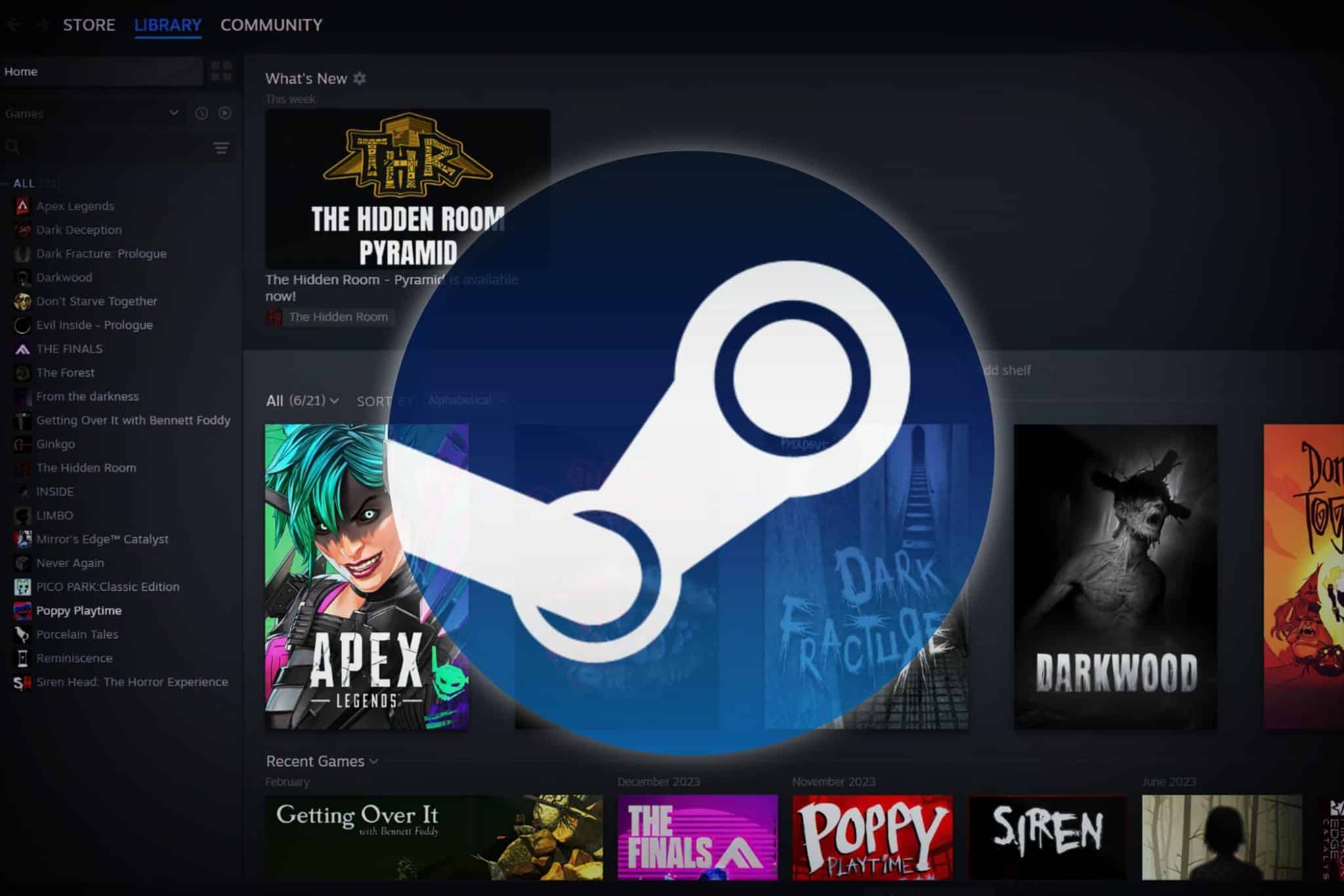 Oyun kütüphanesi ekranının üzerine yerleştirilen Steam logosu, platformda bulunan video oyunlarının çeşitliliğini vurguluyor.
