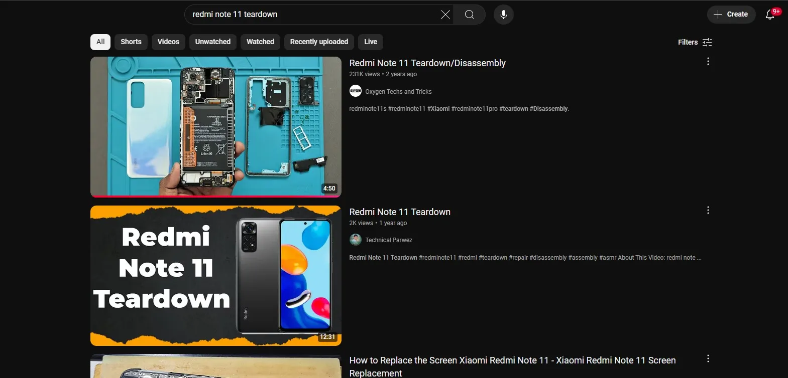 Risultati della ricerca su YouTube per lo smontaggio di Redmi Note 11
