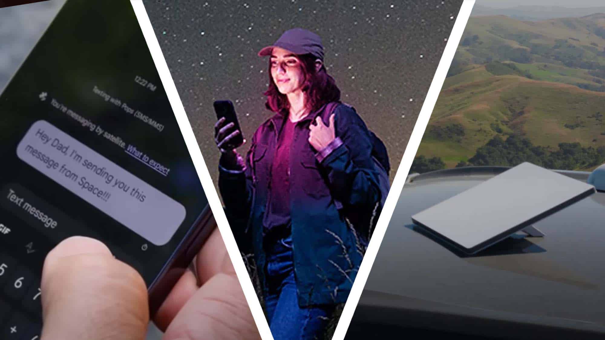 Bir adamın telefona mesaj yazması, kadının ise doğada yürüyüş yapıp telefonuyla konuşması, yanında da bir Starlink Mini