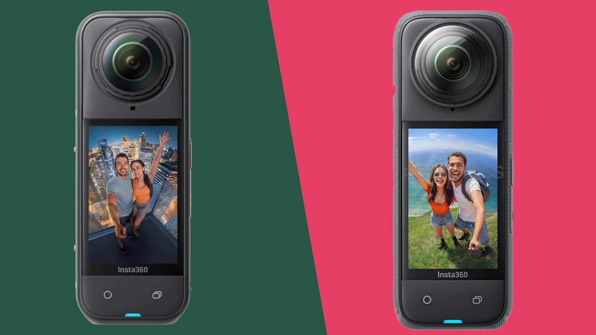 Insta360 X5 naast Insta360 X4 op een gesplitste kleurenachtergrond