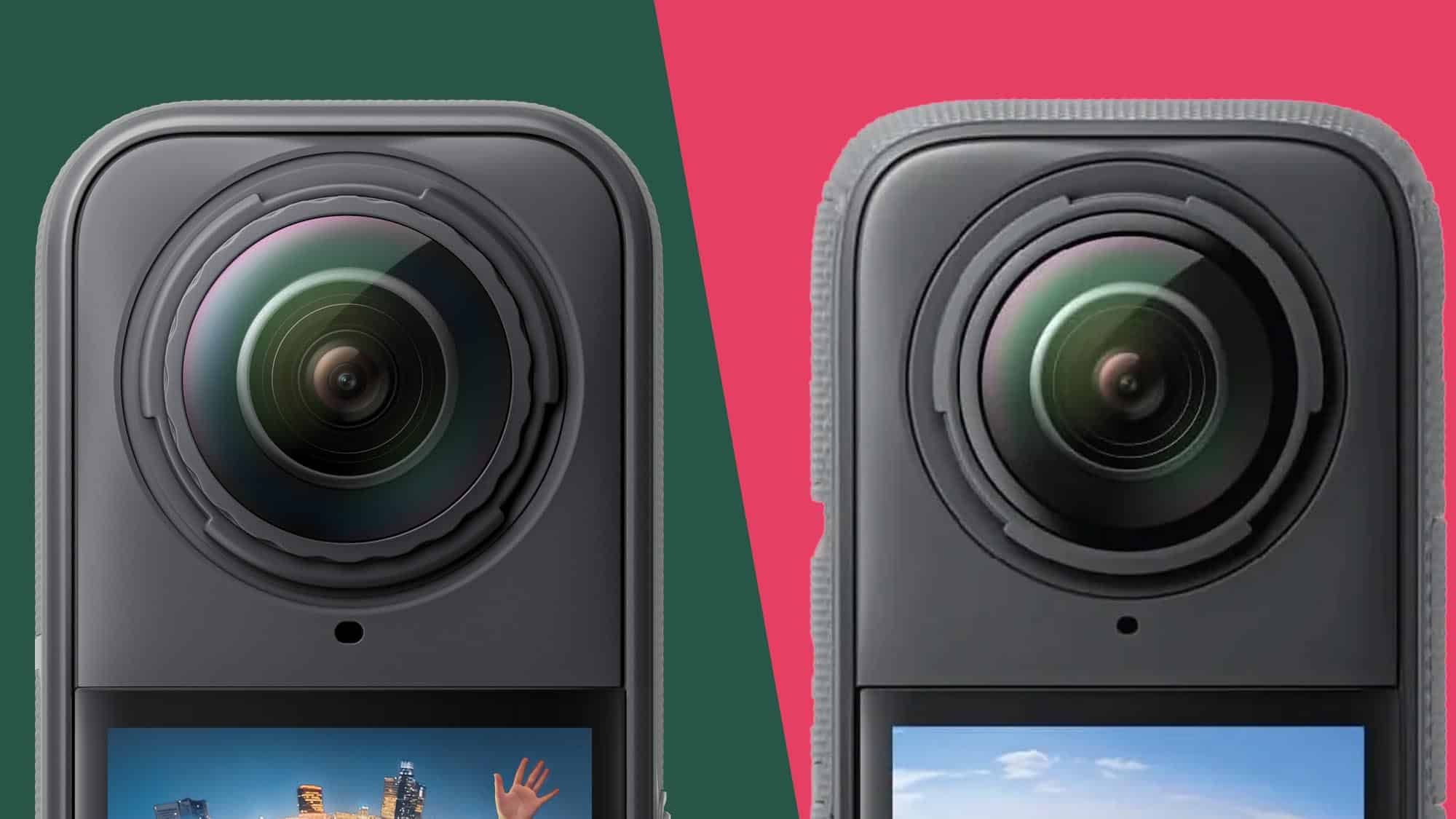 Insta360 X5 naast Insta360 X4 op een gesplitste kleurenachtergrond
