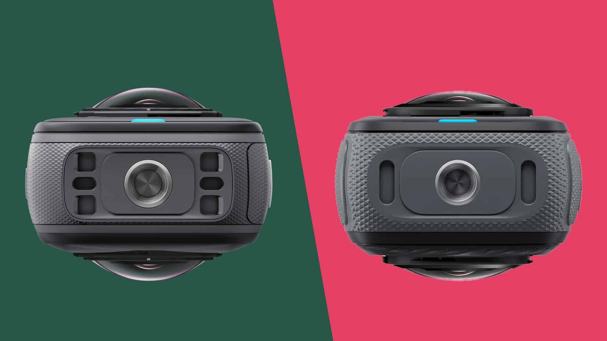 Insta360 X5 naast Insta360 X4 op een gesplitste kleurenachtergrond